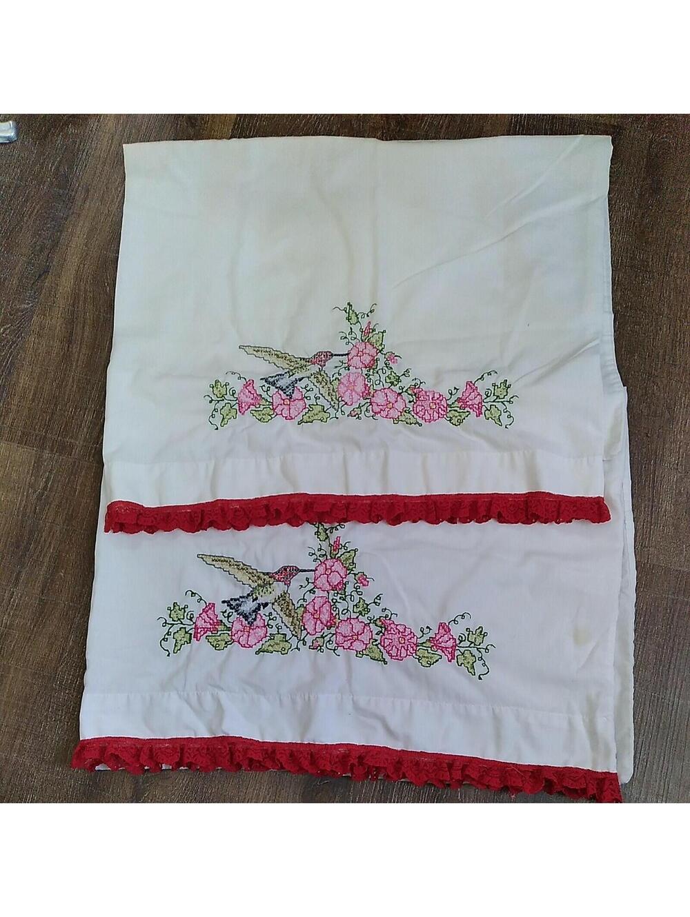 VTG Hand Embroidered Hummingbird Morning Glory Standard Size Pillow cases set 2